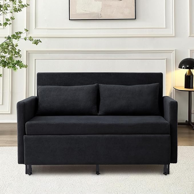 QHITTY Pull Out Couch Bed 2-in-1 Sleeper Sofa Small Loveseat Bed with Hidden Side Table and Iron Frame for Living Room Small Space Apartment (Black)