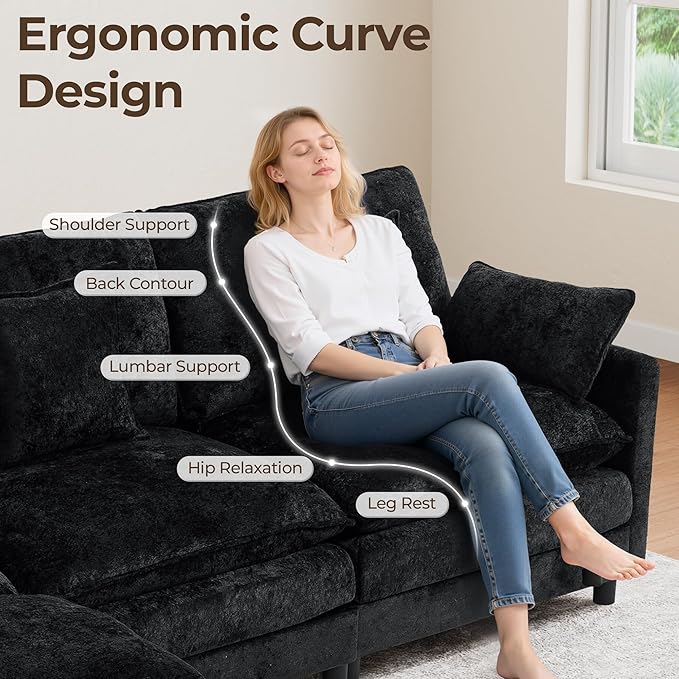 113'' L Shaped Cloud Couch 4-Seater Modular Sectional Sofa with Double Layer Upholstered Seat Cushion Chenille Deep Seat Couches with Ottoman &amp Pillows for Living Room &amp Apartment Black