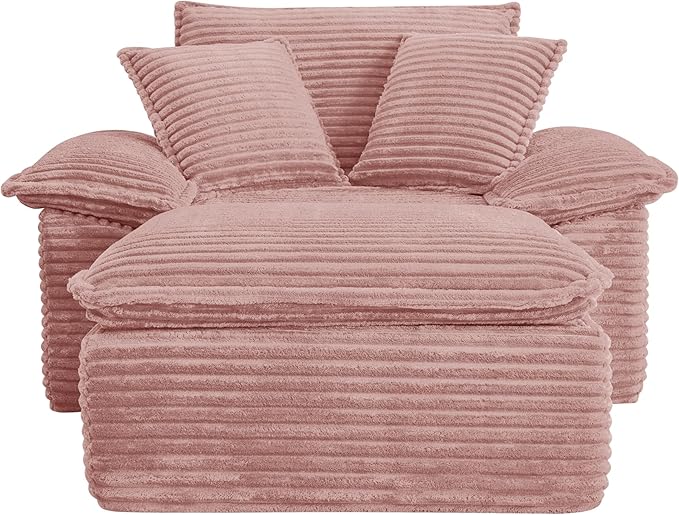 Oversized Armchair with Ottoman Corduroy Reading Chair for Bedroom &amp Living Room Modern Floor Sofa Chair Comfy Lazy Lounge Chair No Assembly Required Pink