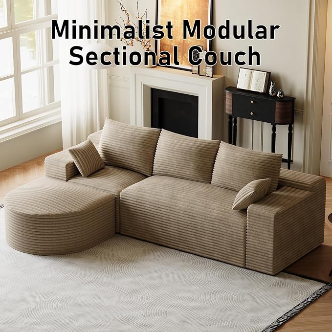 108 Modular Sectional Sofa Cloud Couch for Living Room L Shaped Comfy Fluffy Light Brown Boneless Couches with Movable Curved Ottoman Modern Plush Corduroy Memory Foam Floor Couch with Chaise