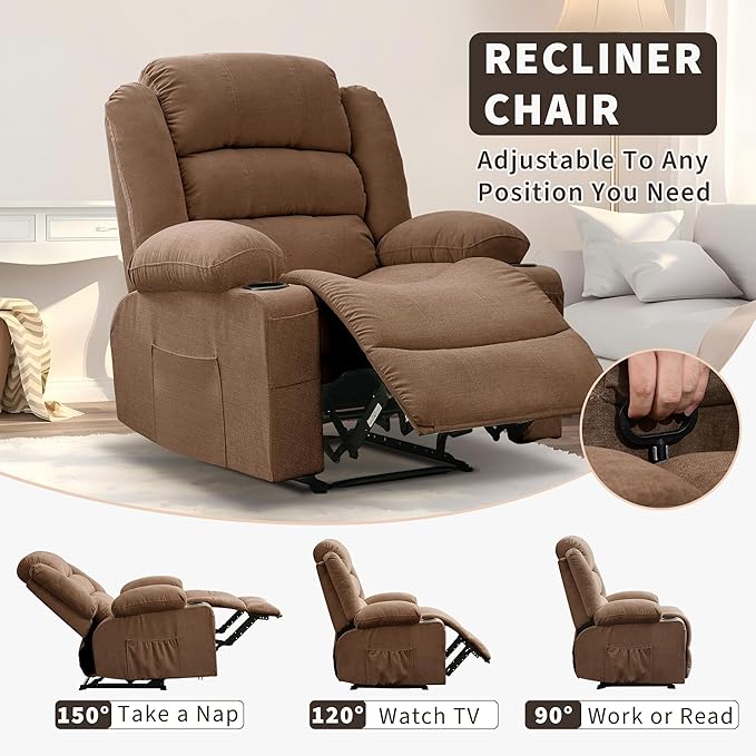 Large Recliner Chair for Adults Manual Pull Tab Reclining Chair with Cup Holders 3-Position Recliner Sofa for Living Room Overstuffed Single Sofa Chair Supports 350 Lbs