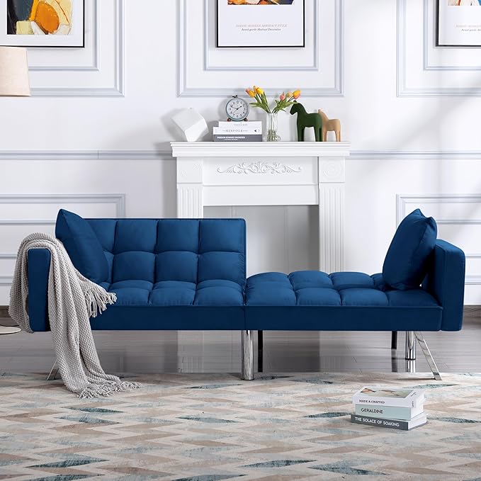 74 Futon Sofa BedConvertible Sleeper Couch with Adjustable Backrest and Pillows Comfy Velvet Cloud Sofa LoveseatModern Loveseat for Living Room and Bedroom（Navy Blue）