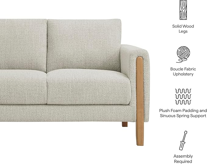 Modway Hawken 54 Inch Boucle Loveseat in Parchment Beech with Wood Legs – Mid-Century Modern Small Space 2-Seater Sofa for Living Room Bedroom or Office Lounge