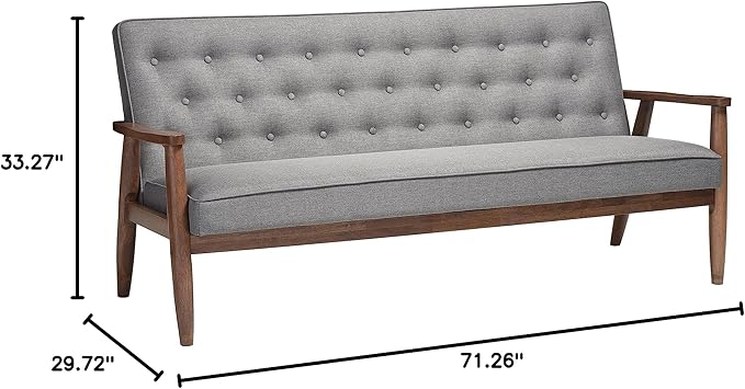 Baxton Studio Sorrento Mid-Century Retro Modern Fabric Upholstered Wooden 3-Seater Sofa Grey 70.59 x 29.45 x 32.96