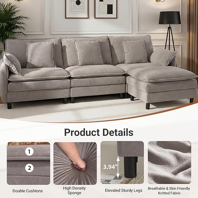 YDN 110 Couch Sofa Sectional Couches for Living Room Cloud Couch with Movable Ottoman Modular L Shaped Sofa Set Light Grey