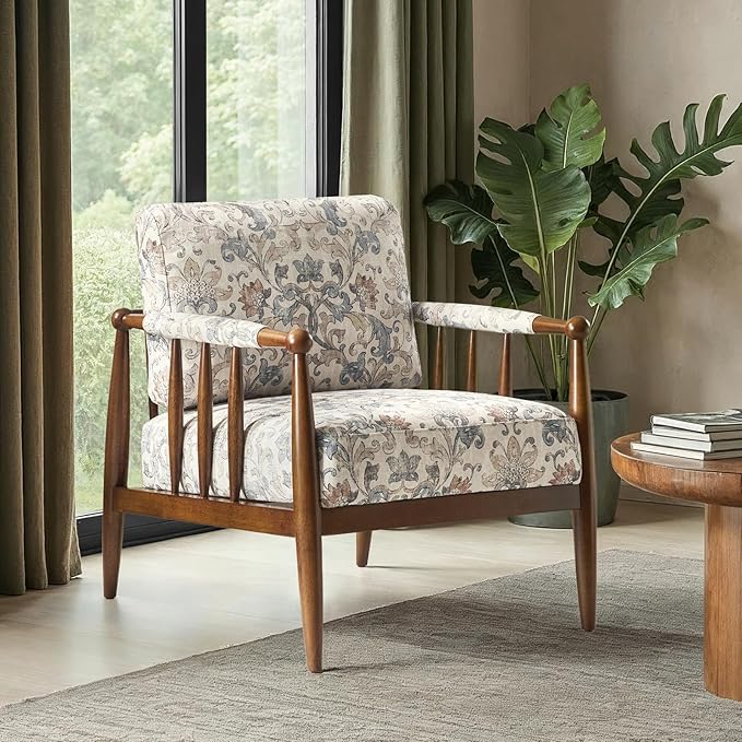 HULALA HOME Modern Accent Chair with Solid Wood Frame and Armrests Comfy Upholstered Armchair for Living Room Bedroom No Assembly Required Damask
