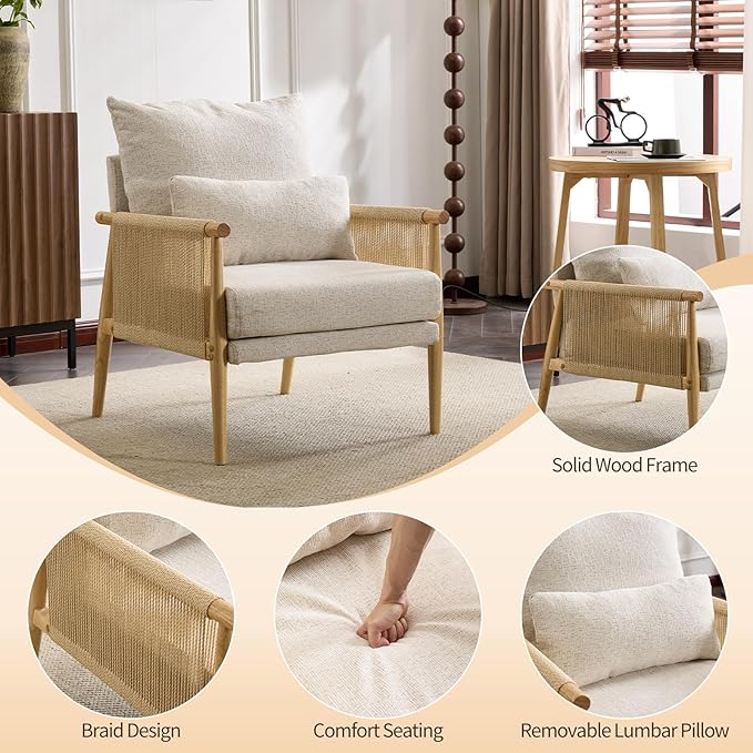 Karl home Cozy Chenille Accent Chair with Lumbar Pillow &amp Rattan Arms Modern Lounge Chair for Living Room Bedroom Reading Nook Gray