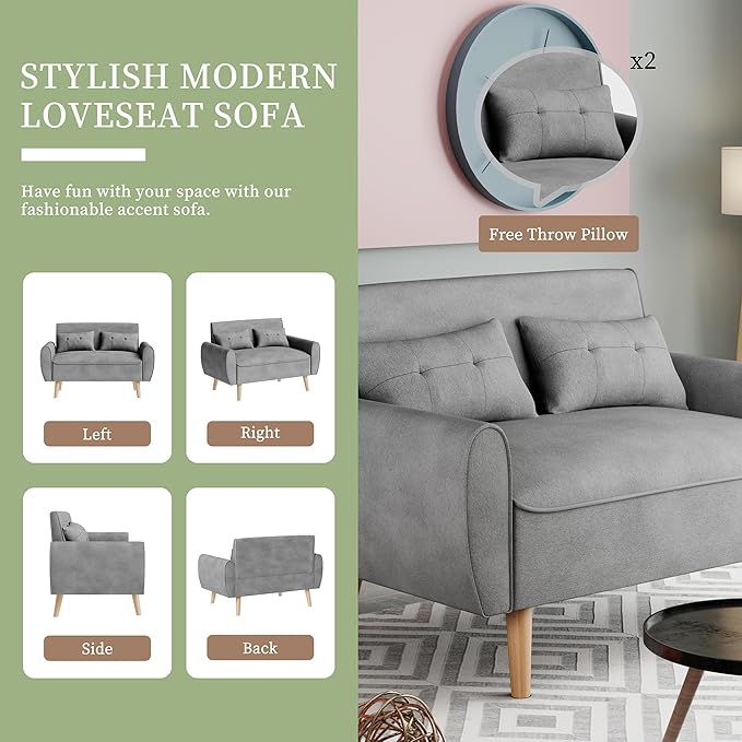 Vongrasig 47 Small Modern Loveseat Sofa Mid Century Linen Fabric 2-Seat Sofa Couch Tufted Love Seat with Back Cushions and Tapered Legs for Living Room Bedroom and Small Space (Light Gray)
