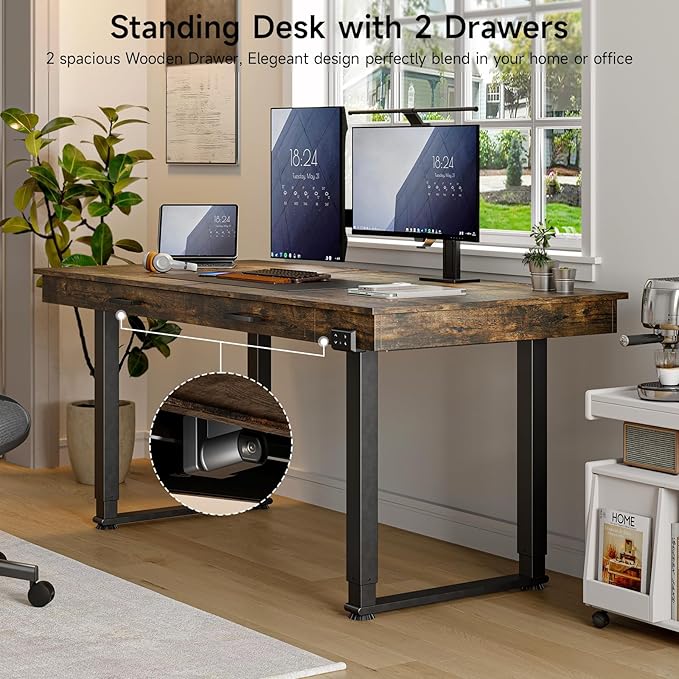 ONBRILL Standing Desk with Drawers 63x26 Inches Rectangle Electric Stand Up Desk with Dual Motor Adjustable Height from 28-46 Inch for Home &amp Office Rustic Brown