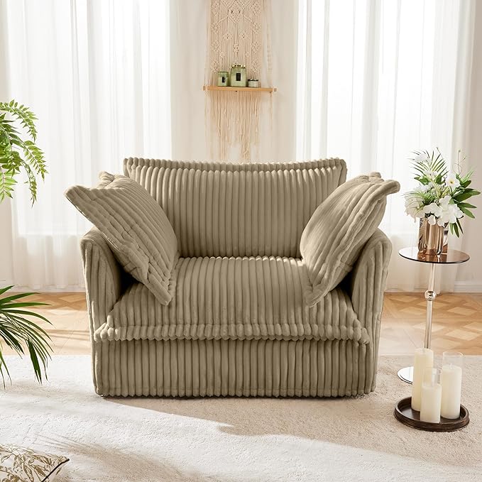 Aoowow Oversized Modular Sectional Sofa Chair 49” Corduroy Fabric Single Armchair Comfy Deep Seat Couch Sofa with Big Toss Pillows for Living Room Apartment Office(Camel-Corduroy)