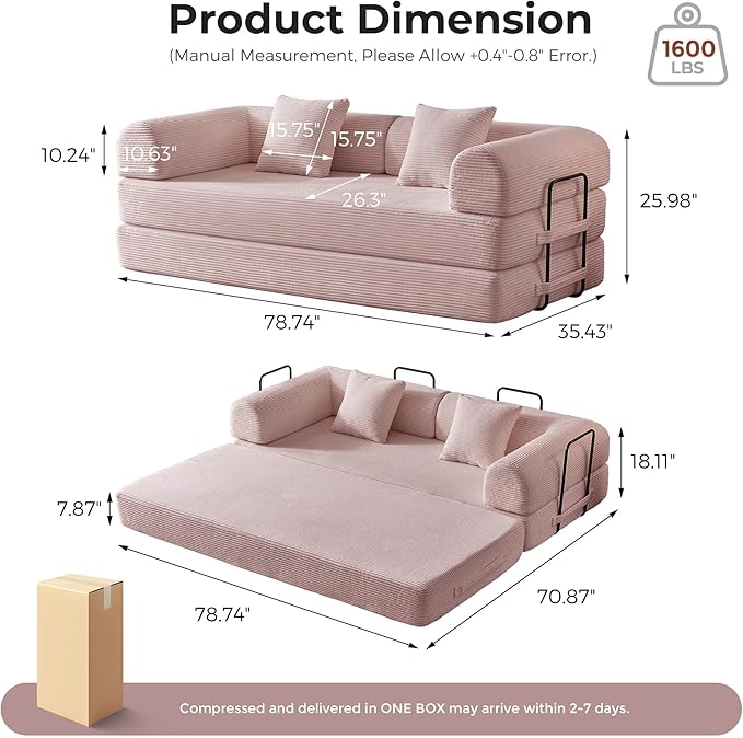 79'' Convertible Sofa Bed 5-in-1 Folding Corduroy Sleeper Couch with Pull Out Bed Oversized Modular Floor Sofa No Assembly Space-Saving Guest Bed for Apartment Living Room Bedroom (Pink) | Convert