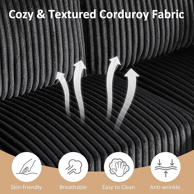 VANOMi Sectional Cloud Modular Sofa Corduroy Fabric L Shape Sofa with Storage OttomanU Shape Sectional Cloud Couch 6-Seat Upholstered Corner Couch for Living Room Charcoal Black | Sectional Cloud