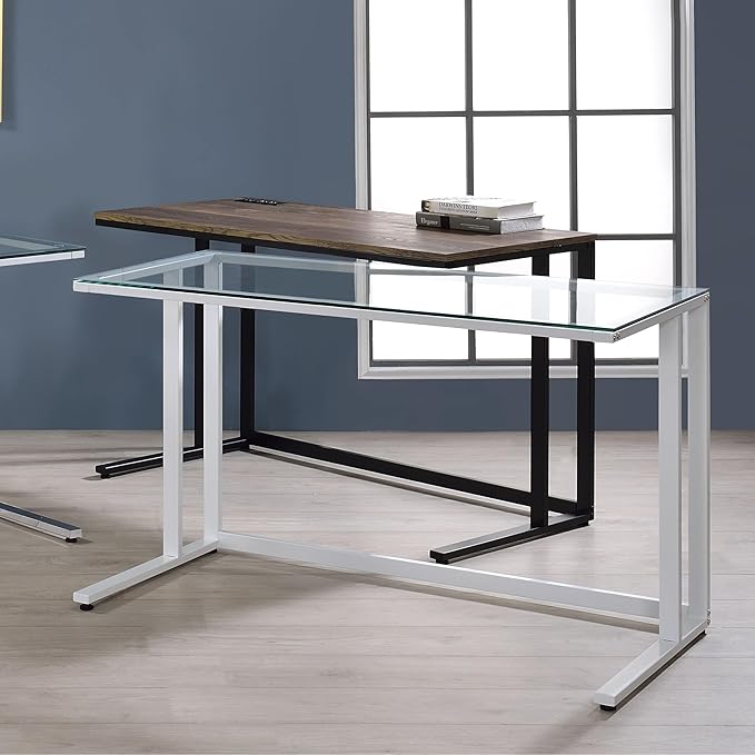 Walnut and White Writing Desk with USB Port - Spacious Rectangular Design - Open Base - for Home Offices &amp Bedrooms