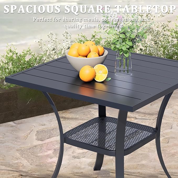 27.6 Square Outdoor Patio Table All-Weather Metal Patio Table with Storage ShelfOutdoor Dining Table for Lawn Garden Porch Black