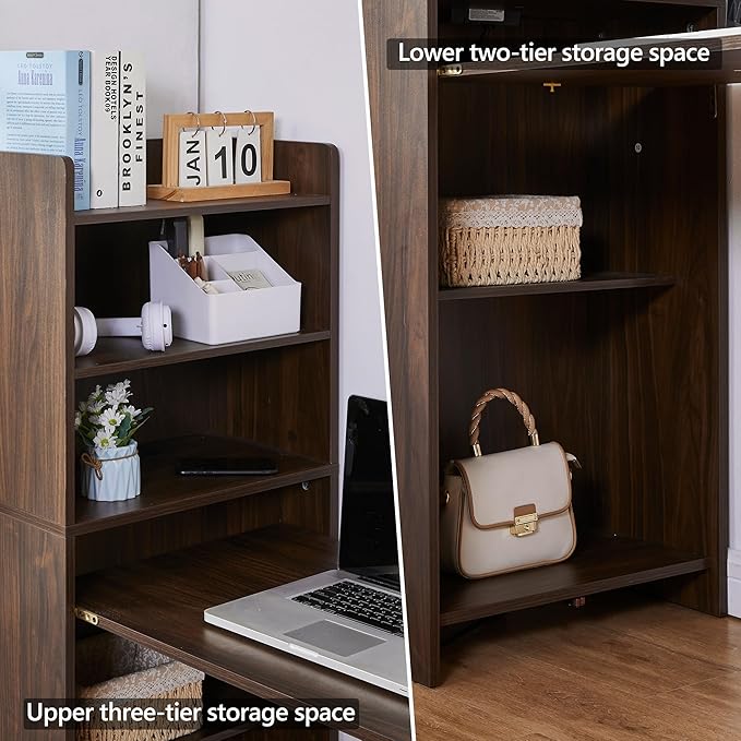 Foldable Desk with StorageHidden Desk with Built-in SocketFold Out Writing Table for Small SpacesHome Office and Bedroom (Dark Walnut)