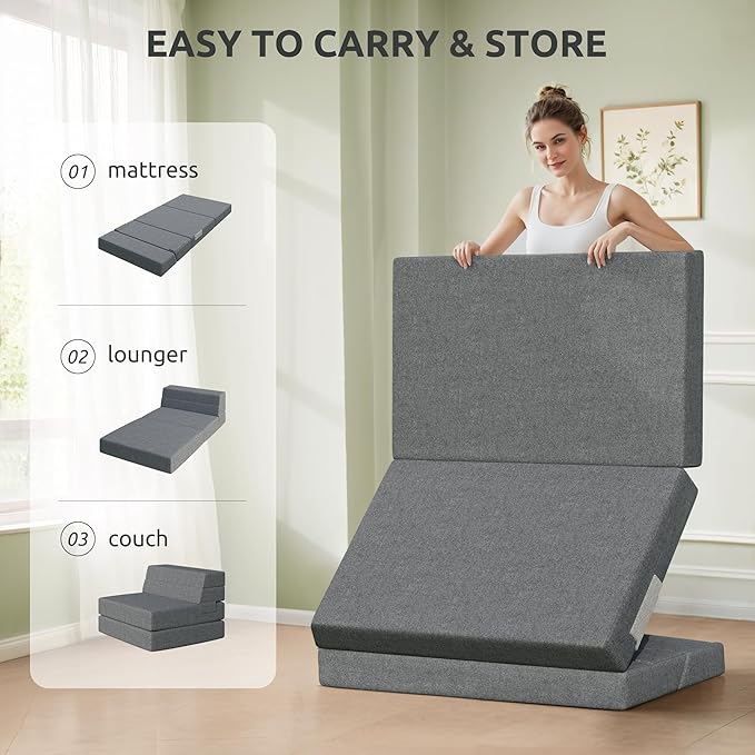 Youzi Foldable Sofa Bed Twin Sleeper Sofa Bed Couch for Guests 6 Inches Four-fold Foam Folding Chair for Home and Livingroom Washable Cover Dark Gray 75 x 39 x 6