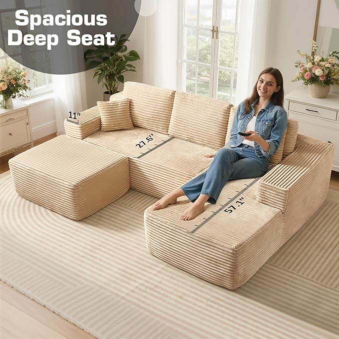106 Cloud Sectional Couch with L-Shape Chaise &amp Ottoman No Assembly Modular Sofa Deep Seat Plush Corduroy Boneless Couched for Living Room (Beige Plush Corduroy L Shape with Ottoman-Right Faci