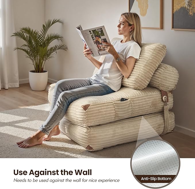 ovios Folding Sofa Bed Foldable Sleeper Chair Floor Futon Comfy Portable Convertible Fold Out Lounge Chairs for Living Room Bedroom Beige