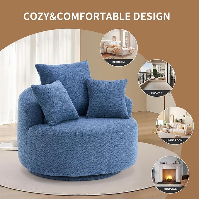 40” Blue Round Swivel Chair with 3 Pillows &amp Thick Cushion Oversized 360° Swivel Accent Chair Modern Boucle Armchair for Nursery Living Room Bedroom Club