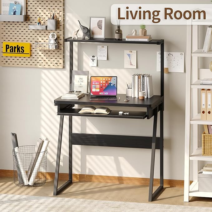 ALISENED 2-Tier Small Computer Desk with Keyboard Tray Compact Laptop Table Workstation Freestanding Ladder Desk Writing Gaming Desk with Storage Hutch for Small Spaces Study Home Office Black