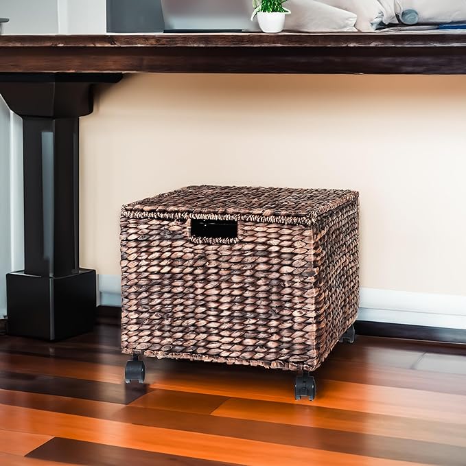 Trademark Innovations Rolling File Box Wicker File Cabinet Hanging File Baskets Water Hyacinth Storage Basket (Dark Brown)