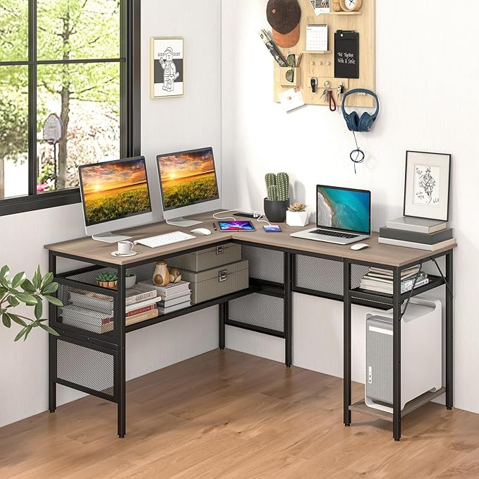 Tangkula Reversible L-Shaped Computer Desk with Charging Station &amp Shelves Large Corner Gaming Desk with Adjustable Shelf &amp CPU Stand Modern Study Writing Desk Home Office PC Workstation (Gr