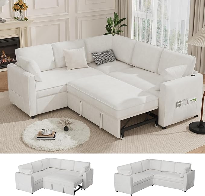 EROMMY 87 Sectional Sofa Couch with Pull Out Bed 5 Seat L Shaped Pull Out Couch Bed with USB Ports Velvet Modular Sleeper Sofa Bed with 2 Throw Pillows Large Sectional Couches for Living Room