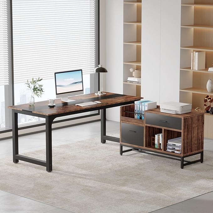 Tribesigns Office Desk with File Cabinet 70.8 L-Shaped Executive Desk for Home Office Workstation Business Furniture Set Rustic Brown/Black