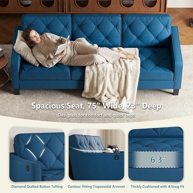STHOUYN 83” Blue Sofas &amp Couches Small 3-Seater Sofa for Living Room Apartment Size Couch Comfy Mini Couch Living Space Couch Tufted Design Office or Waiting Area (Blue) | Tufted Design Blue