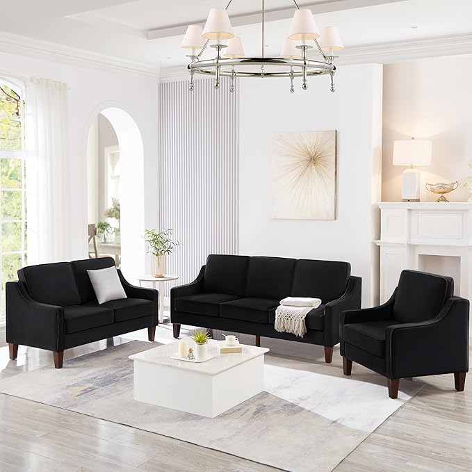 Velvet Upholstered Accent Chair Single Seat Sofa with Wooden Legs Modern Armchairs for Living RoomBedroom and Office Black
