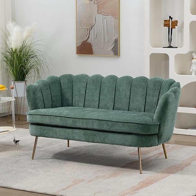 59 Wide Modern Boucle Loveseat Small Sofa Small Mini Room Couch 2-Seater Sofa with Gold Metal Legs for Space Office Studio Apartment Bedroom (Green)