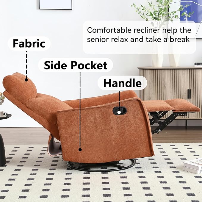 Massage Chair Recliner with Heat Swivel Rocking Chair Recliner with High Back Manual Lazy Boy Recliners for AdultsSmall Recliner Chair for Small Spaces Living Room Bedroom Fabric (Orange)