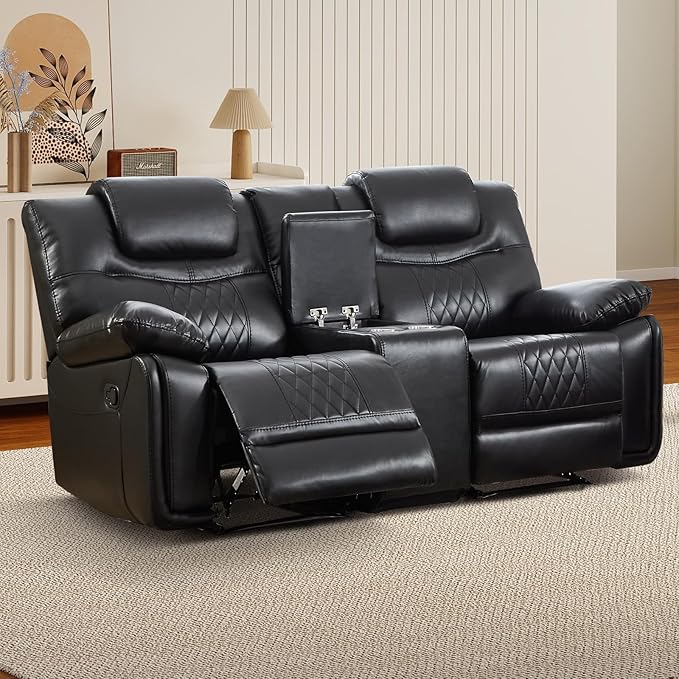 EBELLO Faux Leather Manual Loveseat Recliner Comfortable Armrest 2 Seat Recliner Sofa with Center Console Hidden Storage and Cup Holders Reclining Couch for Living Room Black (Loveseat)