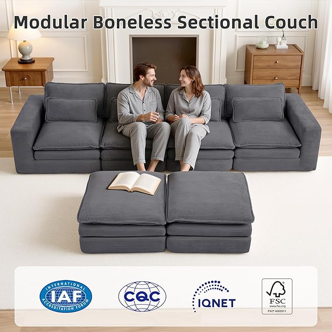 140 Sectional Couches Boneless Modular Sofa for Living Room with 2 Ottoman | No Assembly Required DIY Sofa Bed U shaped Couch | Corduroy Deep Seat with Double Layer Cushion &amp Removable Cover | Gr