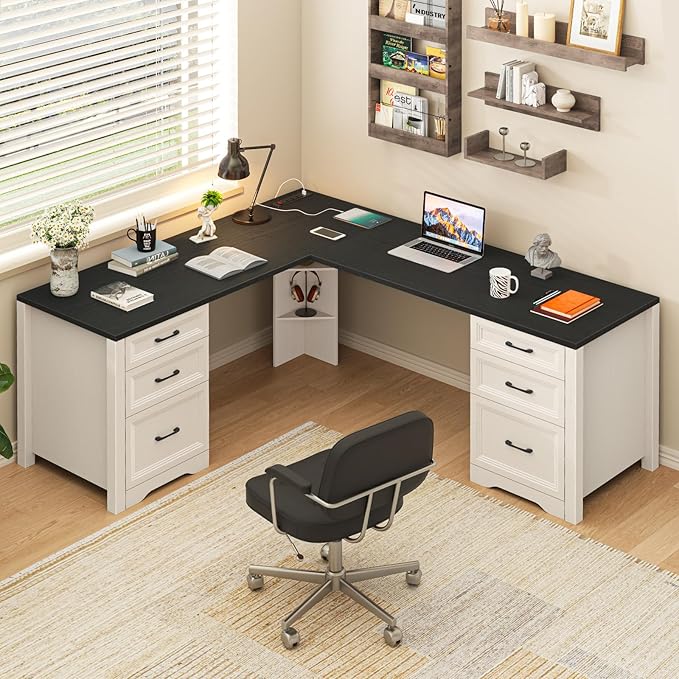 Farmhouse Home Office Desk with 6 Drawers L Shaped Executive Desk with Power Outlets and Triangle Under-Desk Storage Shelf &amp Drawer File Cabinet Corner Computer Desk Black