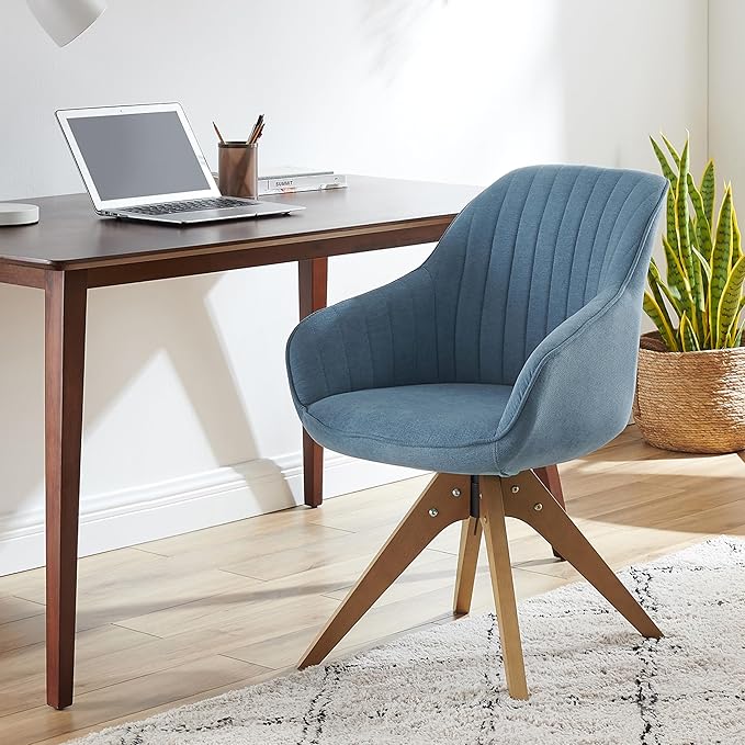 Art Leon Office Chair No Wheels Mid Century Modern Desk Chair No Wheels Swivel Accent Chair with Solid Wood Legs Upholstered Arm Chair for Small Spaces Living Room Bedroom Blue