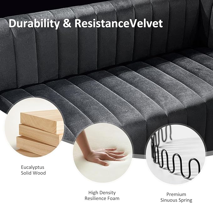 81 W Tufted Velvet CouchModern Velvet Sofa with Round Handrails and Metal Legs for Living Room Office Apartment (1 Black)