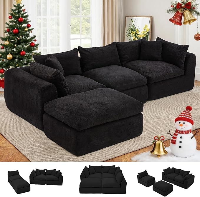 AVAWING 113 Modular Sectional Sofa Modern L Shaped Cloud Couch with Deep Seat &amp Ottoman Comfy Soft Boneless Sofa with Chaise for Living Room &amp Bedroom No Assembly Needed (Black)