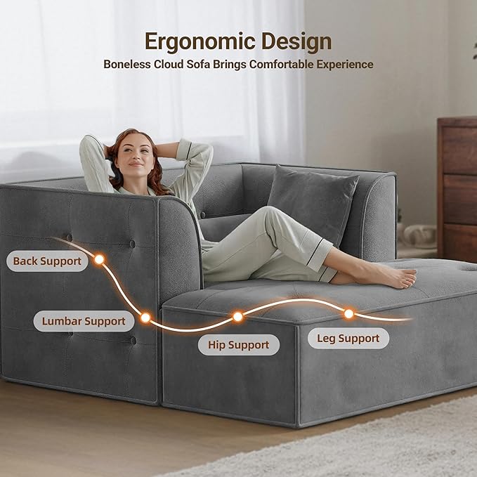 62 Chaise Lounge Chair IndoorDeep Seat Sleeper Sofa Cloud Couch with 3 Soft Pillows and OttomanComfy Cloud Seat for Living Room Apartment Office(Dark Grey Chaise Lounge+Ottoman)