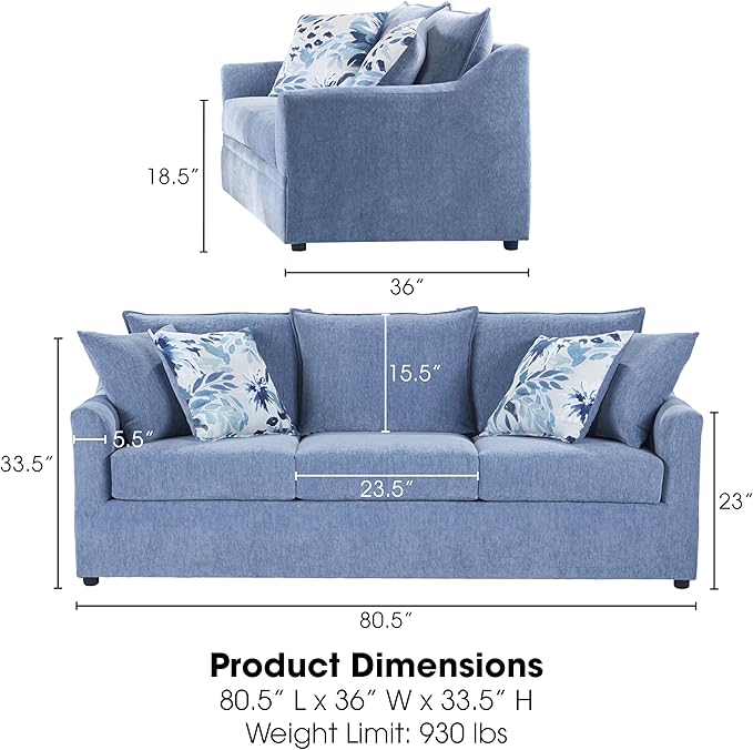 New Classic Furniture Sylvie Polyester 3-Seater Sofa Couch with 4 Accent Pillows Blue Slate