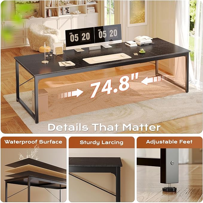 PRAISUN 78.7 X 29.5 Inch Computer Desk with Deeper Desktop Long Gaming Office Writing Work Desk for Home Office Study Bedroom Work from Home Metal Frame Black