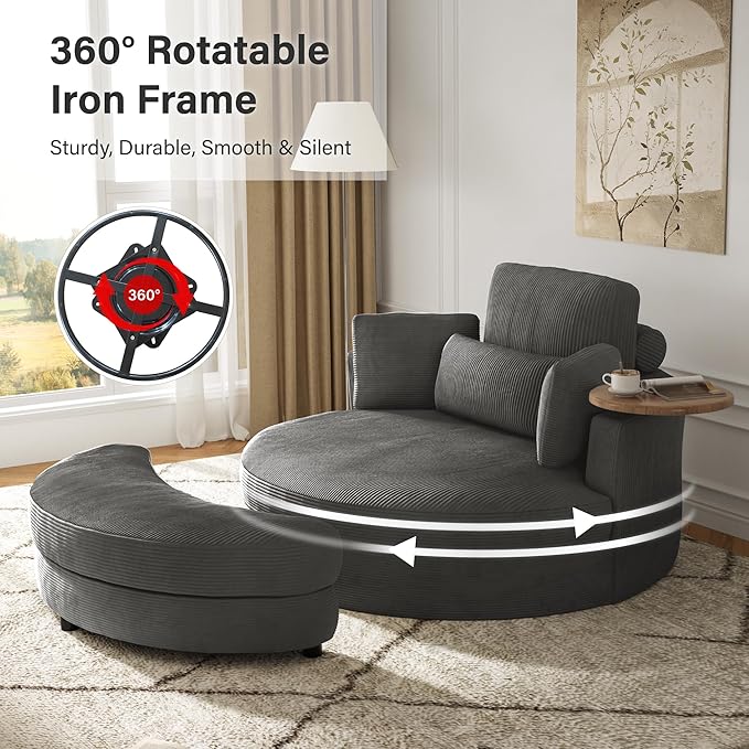 DEINPPA 51'' Accent Swivel Barrel Chair with Storage Ottoman Modern Oversized Round Leisure Sofa Chaise with Tray Pillows Corduroy Upholstered Lounge Chair for Bedroom Living Room Hotel Club Gray