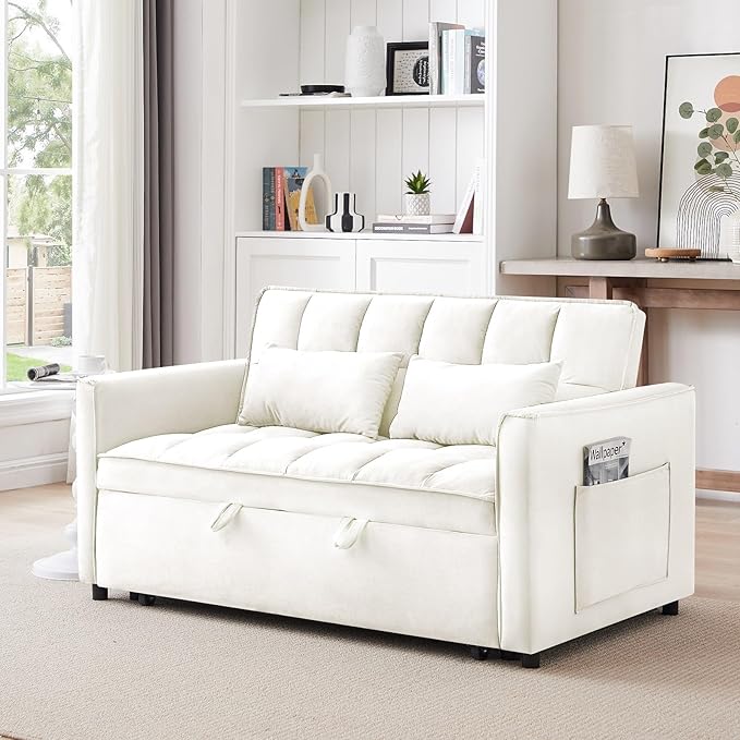 3 in 1 Convertible Sleeper Sofa BedFuton Loveseat Couch with Pull-Out Bed &amp Adjustable BackrestVelvet Fabric Sofa with Side Pocket for Small Apartment Living Room Office (Beige)