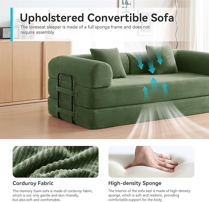 Convertible Floor Sofa Bed with Fixed-Shape Frame King Size Floor Sleeper 5-in-1 DIY Combination Modular Sofa Modular Chenille Folding Mattress Couch for Living Room Bedroom Playroom (Green)