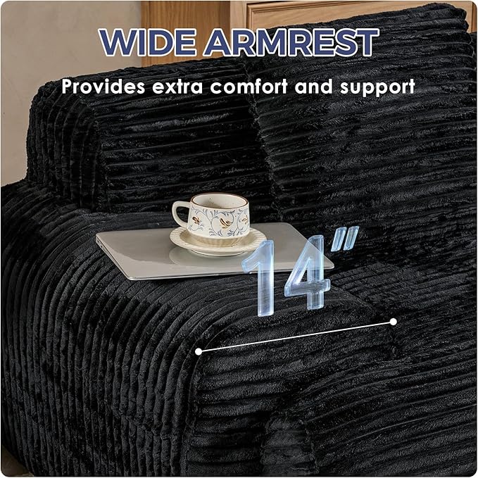 VK·LIVING 113 Cloud Sectional Couch Deep Seat Boneless Sofa with Wide Armrests 16.5'' Height Modular Plush Corduroy Memory Foam Couch for Living Room Office No Assembly Black