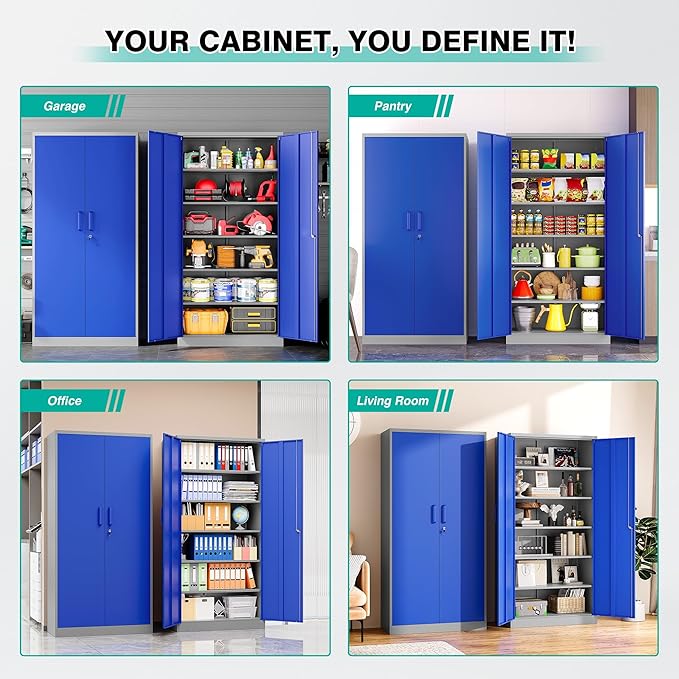 Metal Cabinet with 5 Adjustable Shelves6 Tier Garage Storage Cabinet with LockGray Blue Metal Storage Cabinet with Locking DoorsSteel Cabinets71 Lockable Storage Cabinets for HomeOfficeGarage