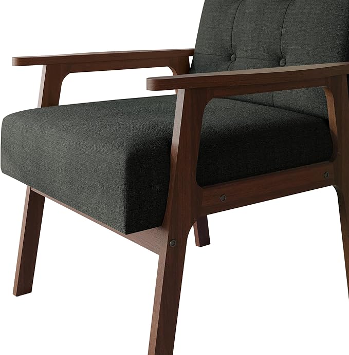 Accent Chair with Button-Tufted Linen Upholstery Wooden Armrests Cushioned Seat Easy Assembly Charcoal Grey