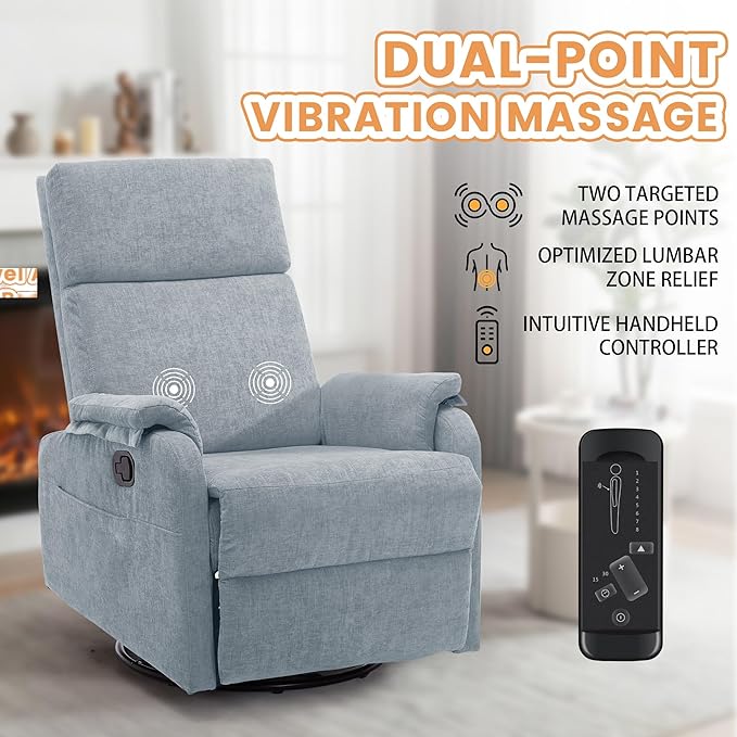 Swivel Rocking Recliner with Massage Small Glider Chair for Nursery Modern-Designed Armrests Chair for Adults Living Room Chenille Blue