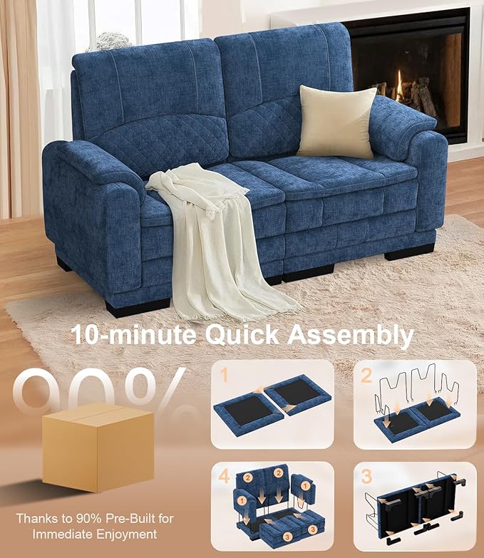 Boneless Loveseat Sofa High-Density Cloud-Like Double Cushion Floor Sofa Couch Chenille Small Boneless Couch for Living Room 850 lb Support Raised Backrest Ergonomic Easy Assembly Blue