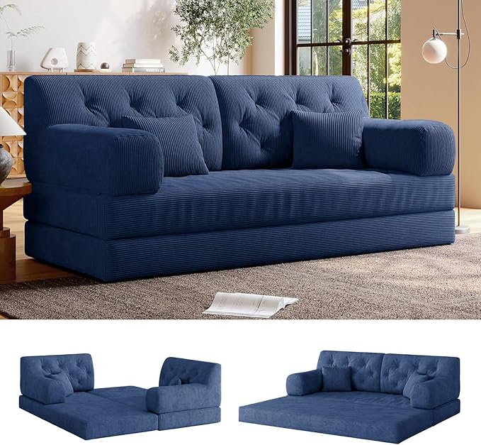 5-in-1 Folding Convertible Sofa Bed Loveseat Sleeper with Pull-Out Bed Floor Sofa Modular Futon Couch 79 Oversized Corduroy Upholstered Boneless Couch for Living Room Bedroom Lounge Blue-C